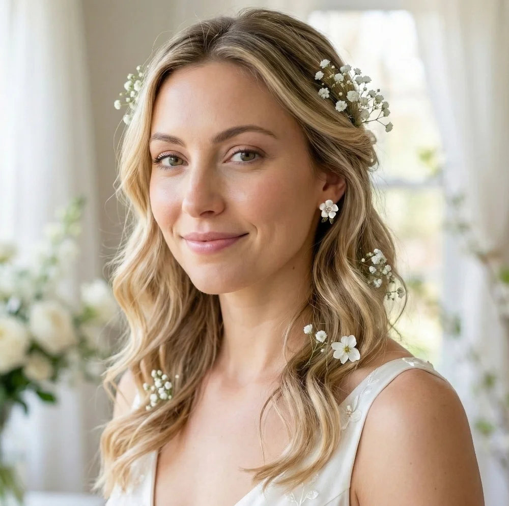 White Enamel Flower Stud Earrings Gold Faux Pearl Rhinestone Green Leaf Bridal